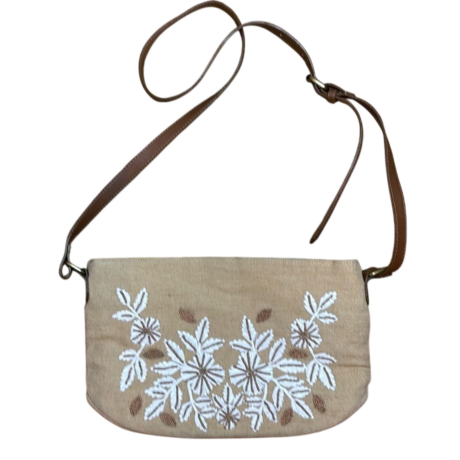 Chico’s Tan Embroidered Floral Crossbody Bag Beige Canvas Adjustable Strap